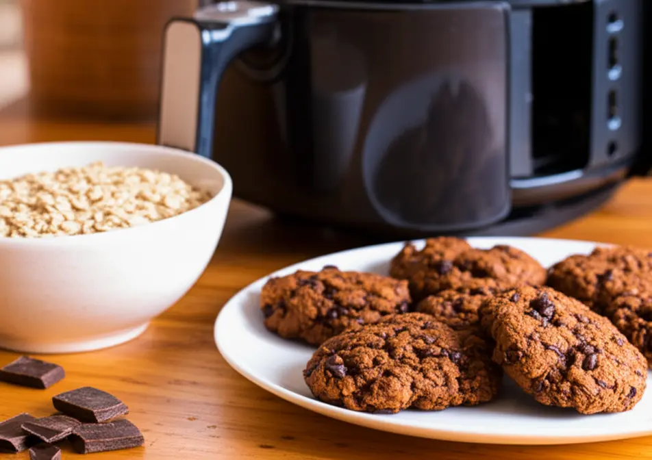 Prato com biscoitos de aveia com chocolate e Airfryer ao fundo em uma mesa de cozinha.