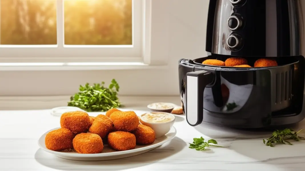 Prato com bolinhos de arroz dourados ao lado de uma Airfryer aberta em uma bancada de cozinha.