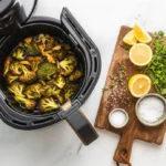 Cesta de Airfryer com brócolis dourado em bancada de cozinha com limão e ervas.