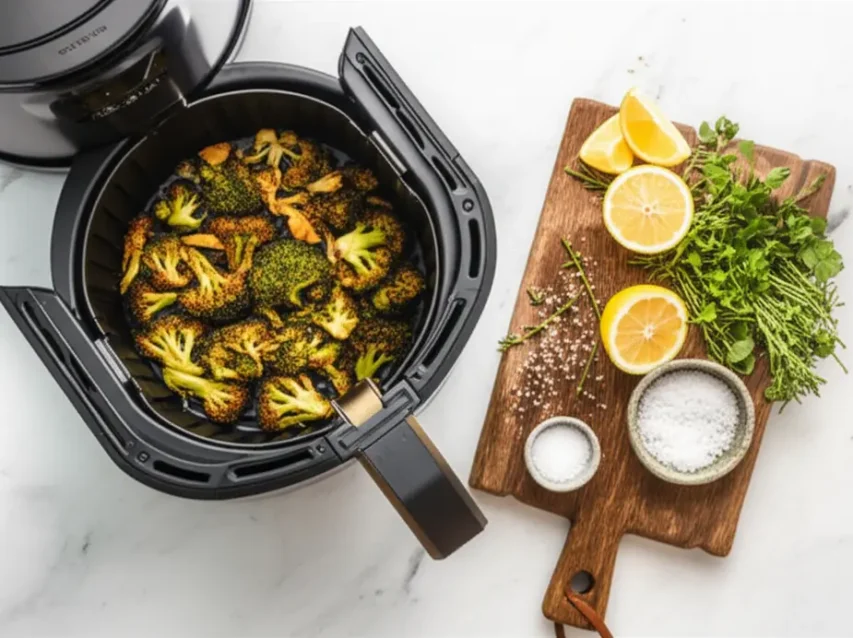 Cesta de Airfryer com brócolis dourado em bancada de cozinha com limão e ervas.