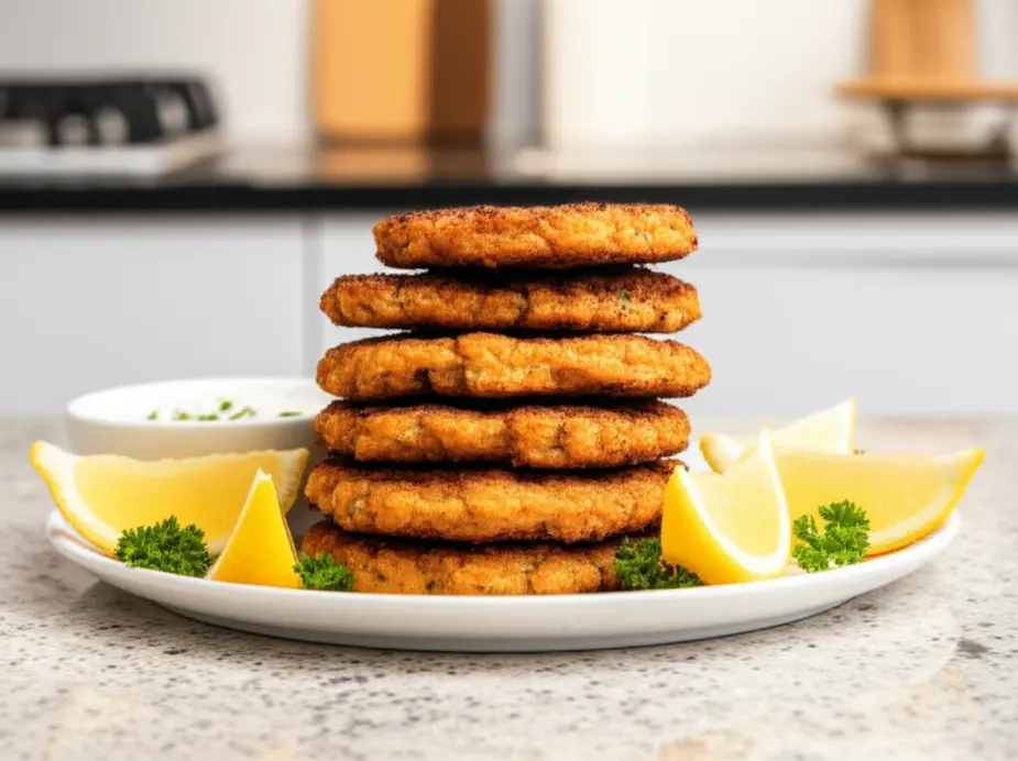 Prato com bolinhos de peixe dourados, guarnecidos com limão e salsinha e molho ao lado.